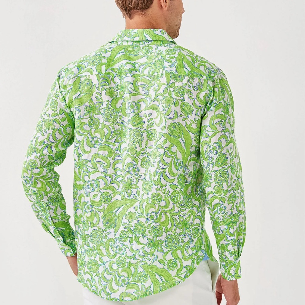 Lilly Pulitzer Men's Stuff Addison Linen Shirt Resort White Lil Daffodil Hill XL - Picture 2 of 5